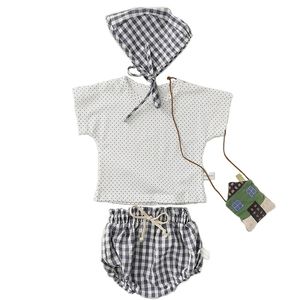 Verano bebé algodón niño niña lunar lunar ropa plaid pantalones y sombrero traje de tres piezas para niños de tres piezas 210417