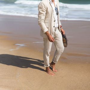 Summer Beach Beige Linen Notched Lapel Men Suits Blazer Fit Suters de boda Slim Groom Prom Casual Tuxedos Taxedos 2 piezas Terno Masculino