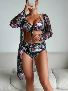 Conjunto de bikini de verano para mujer, traje de baño con estampado floral de cintura alta, traje de baño de manga larga con estampado de tres piezas, traje de baño femenino 231225