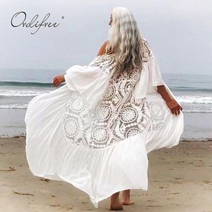 Summer Boho Women Long Chiffon Cardigan Sexy Transparente White Lace Maxi Tunic Beach Dress 210415
