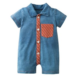 Verano nacido bebé de manga corta mameluco infantil niño niña tejido denim bolsillo mono traje ropa para niños pequeños 211011