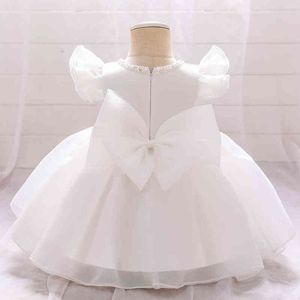 Robe d'été blanche de baptême avec nœud, tenue d'anniversaire pour bébé fille, vêtements de fête de mariage rose, robe de princesse pour enfants