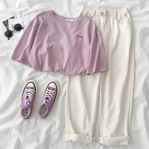 Summer Casual 2 Piece Set Mujeres Casual Solid Pant Set Two Pieces Set Suit Purple Peach Tshirt White Pants Conjuntos a juego T200716