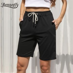 Pantalones cortos casuales de verano con cordón negro para mujer, pantalones cortos deportivos a la moda con bolsillo para mujer, rectos lisos 210510