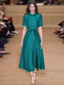 Catwalk d'été Nouvelles femmes De Haute Qualité Mode Fête Bouton À Lacets Décontracté Bureau Vert Chic Célébrité Douce Jolie Robe Midi