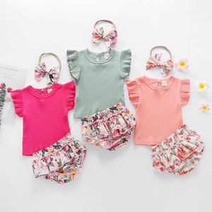 Summer Causal Baby Clothing Set Outfit pour Infant Toddler Floral Cotton avec Bandeau 3pcs Fashion Ins Boutique 210529