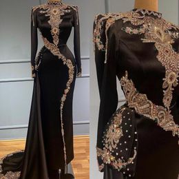 2023 Noir Robes De Bal Arabe Aso Ebi Musulman Dentelle Cristaux Perlés À Manches Longues Soirée Formelle Partie Deuxième Réception Robes De Fiançailles GB0906