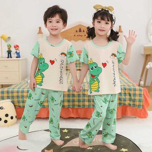 Conjunto de pijama para niños de verano para niñas Ropa de dormir linda 6 8 10 12 años Dibujos animados Niños Niños Pijamas de algodón con dinosaurios al por mayor 210908