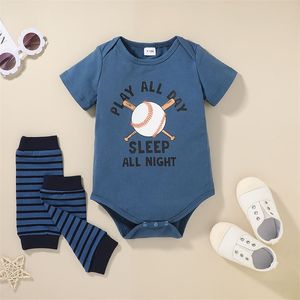 Été enfants ensembles décontracté à manches courtes O cou imprimer Baseball barboteuses dépouillé Legging 2 pièces filles garçons vêtements ensemble 0-2T 210629