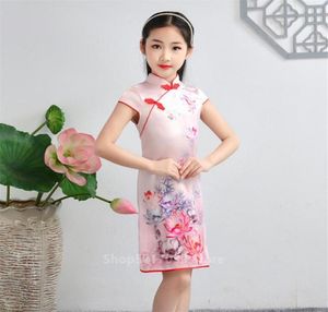 Qipao de seda con estampado de flores chinas de verano para niñas, Vestido de princesa tradicional Cheongsam de manga corta, Vestido Retro Vintage4879534