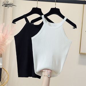 Vêtements d'été O Cou Sans Manches Crop Top Blanc Femmes Noir Casual Basic T-shirt Encolure Sexy Dos Nu Réservoir 13644 210508