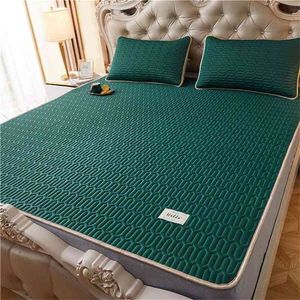 Estera de cama de enfriamiento de verano Estera de dormir de fibra fresca Conjuntos de ropa de cama suave plegable Fundas de almohada de sueño fresco Protector de cama de tamaño completo 210706