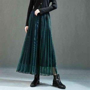 Verano decolorado brillo gradiente plisado largo falda de gasa metálica a-line elegante púrpura verde maxi faldas de malla 210621