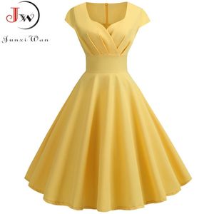 Vestido de verano para mujer de manga corta Hepburn 50s 60s Vintage Pin Up Rockabilly Robe de talla grande elegante fiesta de noche 210510