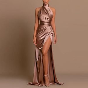 Robe longue de bal en Satin pour femmes, élégante, col haut, sans manches, fente latérale, fluide, Maxi, débardeur, soirée, été