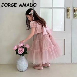 Summer Family Matching Tenues Baby Girl set Round Collar T-shirt Pink Jupe Puff Sleeves Robe Child Clothing E23151 240323
