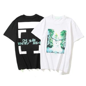 Marca de moda de verano Camisetas para hombre Ow Pintura al óleo religiosa Aerosol directo Flecha Camisetas Hip Hop Manga corta Hombres sueltos Tops Camisetas Mujer RJHR