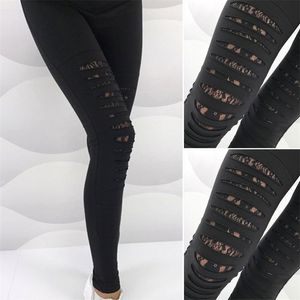 Mode d'été Sexy Dentelle Déchiré Trou Leggings Femmes Gothique Mince Élastique Noir Bandage Pantalon Mince Porter 211215