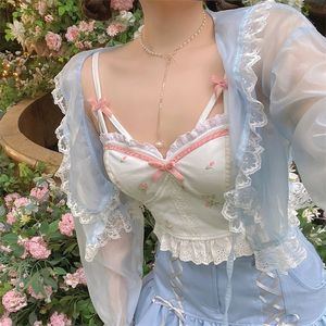 Été Floral Kawaii Halter Tops Femmes Blanc Dos Nu Sexy Plage Doux Mignon Réservoirs Dentelle Imprimer Partie Coréenne Mode Vêtements 220514