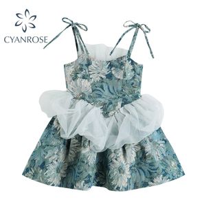 Vestidos de verano para mujeres Pintura coreana Impreso Malla Patchwork Cintura Vintage Bola corta Vestido Spaghetti Strap Vestido Femenino 210515