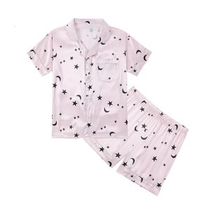 Summer Girls Pajama Set Sweet Lapel Mock Silk Star Seenwear Sleepwear Kids Teen Breatable Cool Pajamas Nightwear 8-14y 240407
