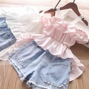 Summer Girls 'Suit Sweet Sling Tail Dress Top + Pearl Denim Shorts Style Européen Américain Enfants Bébé Enfants Vêtements Ensembles 210625