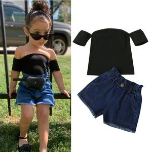 Conjuntos de ropa de verano para niñas y bebés, camiseta de manga corta con hombros descubiertos en negro sólido para niños y pantalones cortos de mezclilla, trajes de mezclilla