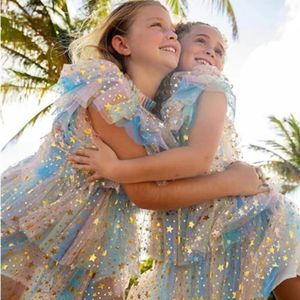 Summer Kids Girls Dress Rainbow Girl Little Princess Star Sequin Capa Party Dresses Tulle 3-8T Girl Casual Daily Wear Vestidos 240407