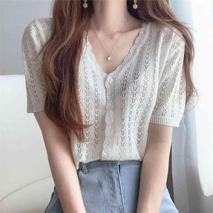 Été coréen Chic creux mince col en v en ligne célébrité veste à manches courtes T-shirt glace soie pull femmes 210529