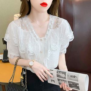 Été coréen mousseline de soie femmes blouses bureau dame chemises élégante dentelle à manches courtes femme chemise plus taille xl blanc 210531