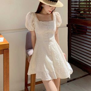 Vestido coreano de verano Mujeres Casual Manga corta Mini vestido sólido Vestidos de talla grande para mujeres Albaricoque Vestidos de cintura alta 210527