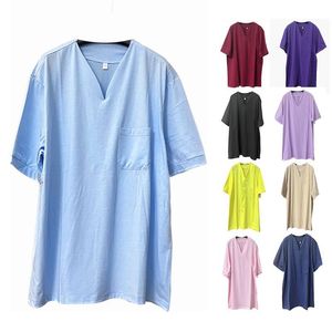 Camisetas sueltas con cuello en V para hombres con diseño de bolsillo Mezcla de algodón de alta calidad Súper suave Verano Sólido Transpirable Anti Pilling Hombres Tops Camisas de manga corta