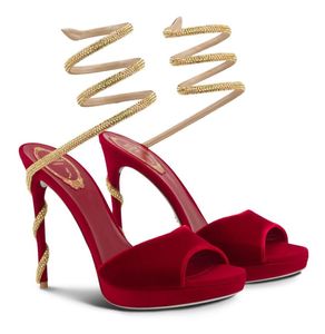 Été Luxry femmes Margot rouge velours sandale chaussures Renecaovilla cristal Strappy s'enroule autour du talon cheville dame fête robe de mariée talons hauts EU35-43
