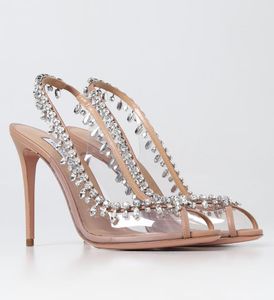 Verano de lujo para mujer Sandalias de tentación Zapatos Aquazzura Tacones altos adornados con cristales Cuero PVC Dama Punta abierta Vestido sexy Fiesta Slingback