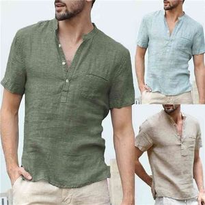 Camiseta de lino y lino de verano para hombre, camisetas informales con cuello en V y botones, camiseta básica de manga corta de algodón ajustada 210716