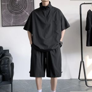 Summer Men coloca camisas de seda de seda de manga corta pantalones casuales de estilo coreano
