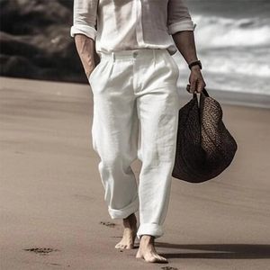 Summer Men Vintage Solid Beach Pantaler Fashion Cotton Linn Loose Vaist Button Vêtements Casual Straight Long Pant 240407