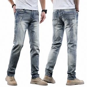 Hommes d'été bleu clair Vintage déchiré Jeans hommes Cott régulier droit Denim pantalon rétro Distred Jean pantalon N8JH #