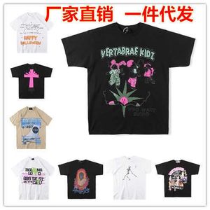 Novedad de verano, camiseta de manga corta a la moda de algodón puro con estampado de letra rosa de espuma de llama para hombres y mujeres