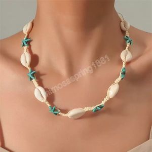 Accessoires de mode de style océan d'été Colliers collier d'étoiles de mer turquoise coquillage tissé à la main