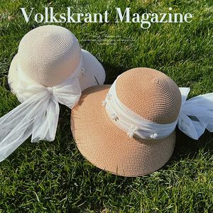 Chapeaux de paille en dentelle de perles d'été pour femmes, chapeau de plage à nœud papillon, pare-soleil, protection solaire, vente en gros