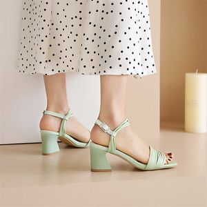 Verano Peep Toe tobillo correa sandalias mujeres grueso tacones altos zapatos hebilla fiesta señora verde blanco púrpura rosa tamaño 33-43 Y0721