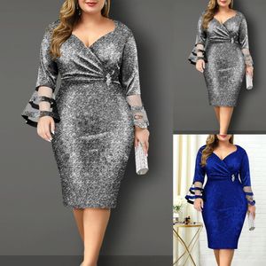 Été grande taille taille haute robe moulante femmes élégant Sexy col en V brillant soie maille soirée robes de soirée de mariage