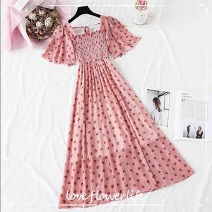 Été à pois imprimé robe en mousseline de soie doux à manches courtes à volants robe mi-longue femmes bohême élégant rose fête Vestidos 210521