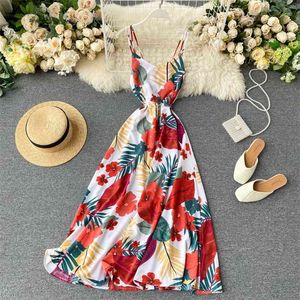Summer Seaside Holiday Dress Ins Cyber Celebrity Super Fire Sexy Backless Fashion Print Spaghetti Strap Long Femme ML864 210506