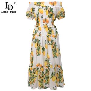 Été Sexy Off Épaule Citron Imprimer Plage Genou Longueur Robe Designer Femmes Vintage Élégant Une Ligne 210522