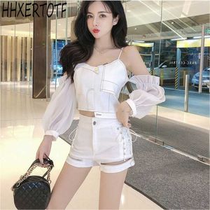 Été Sexy Off-the-Shoulder Long Puff Sleeve Irrégularité Blouse + Taille Haute Bodycon Zipper Bandage Shorts SetS 210531