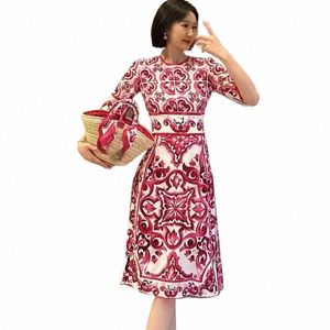 Été à manches courtes Dr rouge imprimé floral col rond élégant a-ligne grande taille 2xl femme robe de mujer dres vintage chic vestido h9sT #
