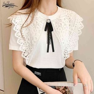 Camisa de punto de manga corta de verano, costura de encaje dulce, cuello de muñeca grande, prendas de punto de seda helada, blusa blanca y negra para mujer 14257 210521