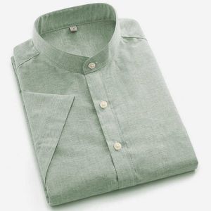 Été à manches courtes hommes Style chinois col Mandarin Streetwear décontracté robe boutonnée solide vert violet marque hommes hauts 210609